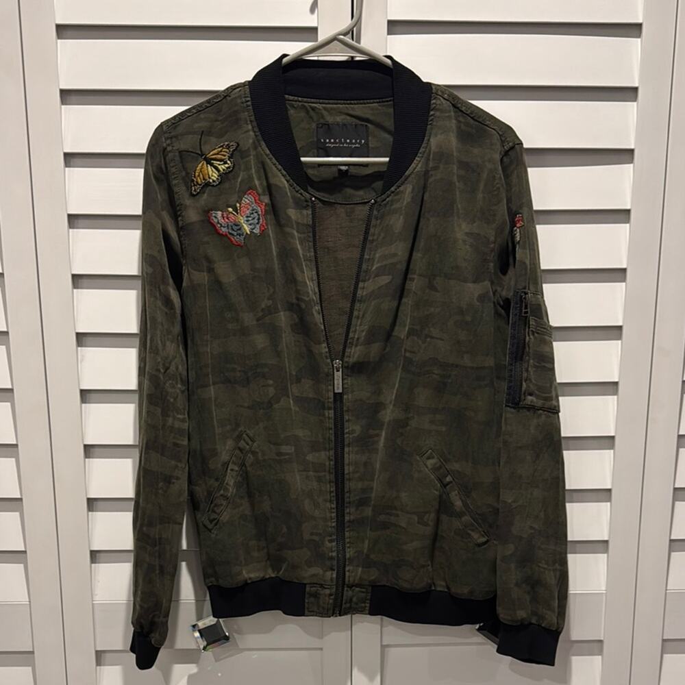 Sanctuary Camouflage Bomber Jacket with Embroidered Butterfly/Bird Patches